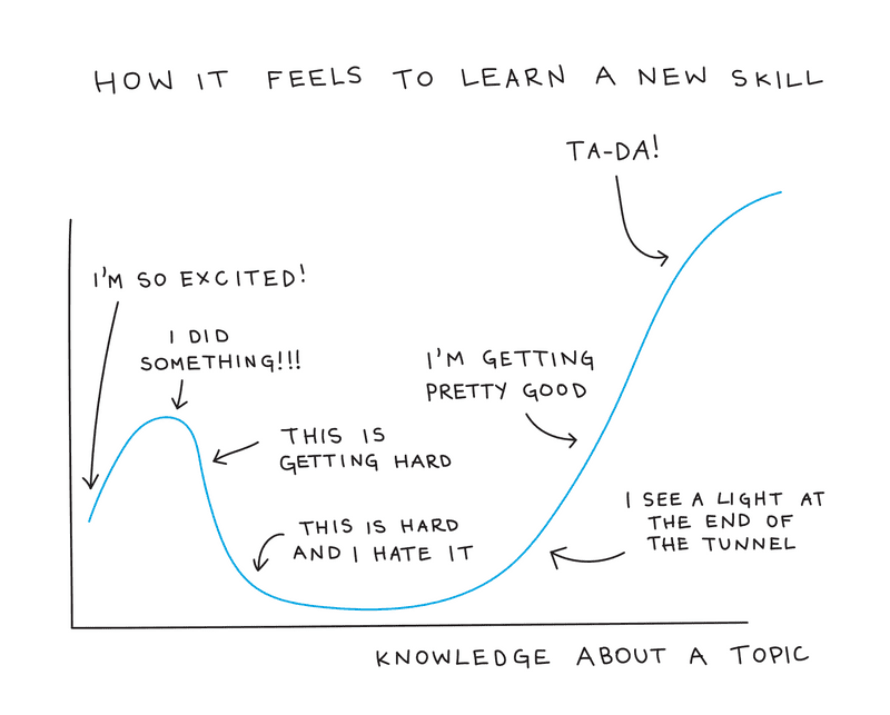 Graph of how it feels to learn a new skill. There's a lot of ups and downs.